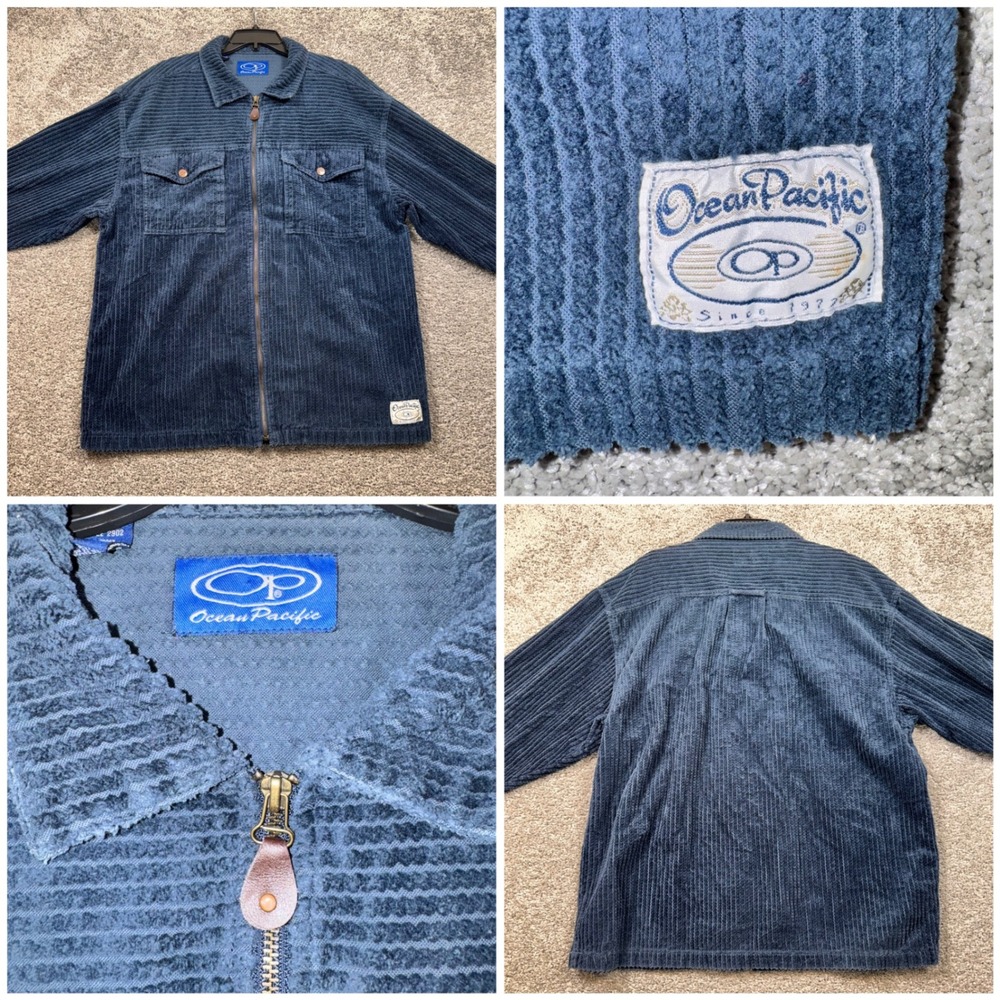 Vintage Ocean Pacific Corduroy Zip Jacket Mens Wide Wale Blue Large EXCELLENT